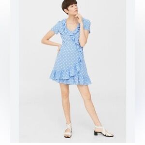 Mango Blue and White Asymmetrical Ruffle blue polka dot dress size 4